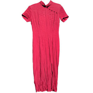 Vintage Just Choon Mandarin Collar Short‎ Sleeve Front Slit Bodycon Maxi Dress